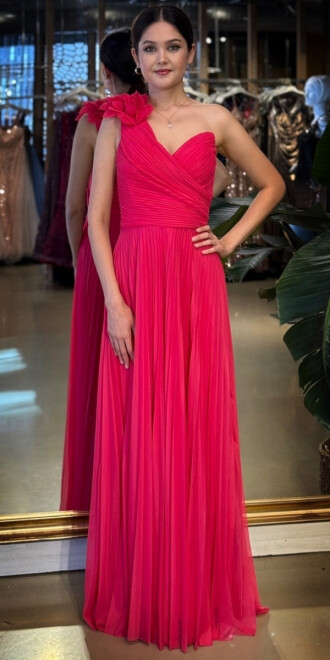 Fuşya Tek Omuzlu Kloş Etekli Şifon Tül Uzun Abiye Elbise 11081-01 - abiyeniall