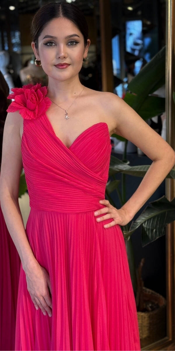 Fuşya Tek Omuzlu Kloş Etekli Şifon Tül Uzun Abiye Elbise 11081-01 - 3