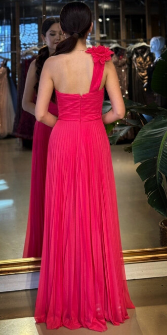 Fuşya Tek Omuzlu Kloş Etekli Şifon Tül Uzun Abiye Elbise 11081-01 - 5