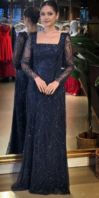 Gece Mavisi Kare Yaka Uzun Kollu Kloş Etekli Pullu Boncuklu Uzun Abiye Elbise 11047-11 - abiyeniall