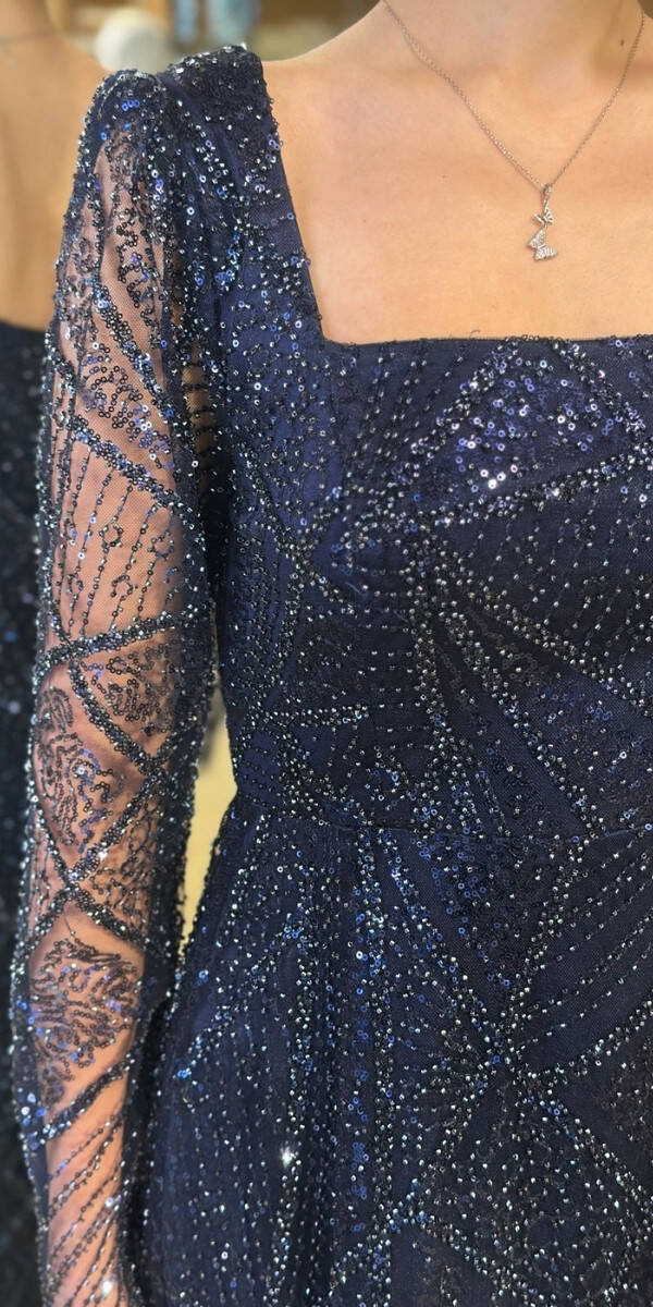 Gece Mavisi Kare Yaka Uzun Kollu Kloş Etekli Pullu Boncuklu Uzun Abiye Elbise 11047-11 - 4