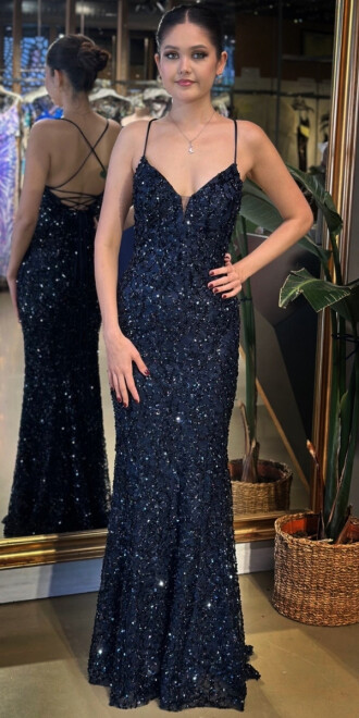 Gece Mavisi V Yaka İp Askılı Sırt Dekolteli Balık Etekli Pul Payet Uzun Abiye Elbise 11112-05 