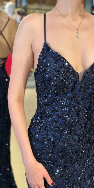 Gece Mavisi V Yaka İp Askılı Sırt Dekolteli Balık Etekli Pul Payet Uzun Abiye Elbise 11112-05 - 4