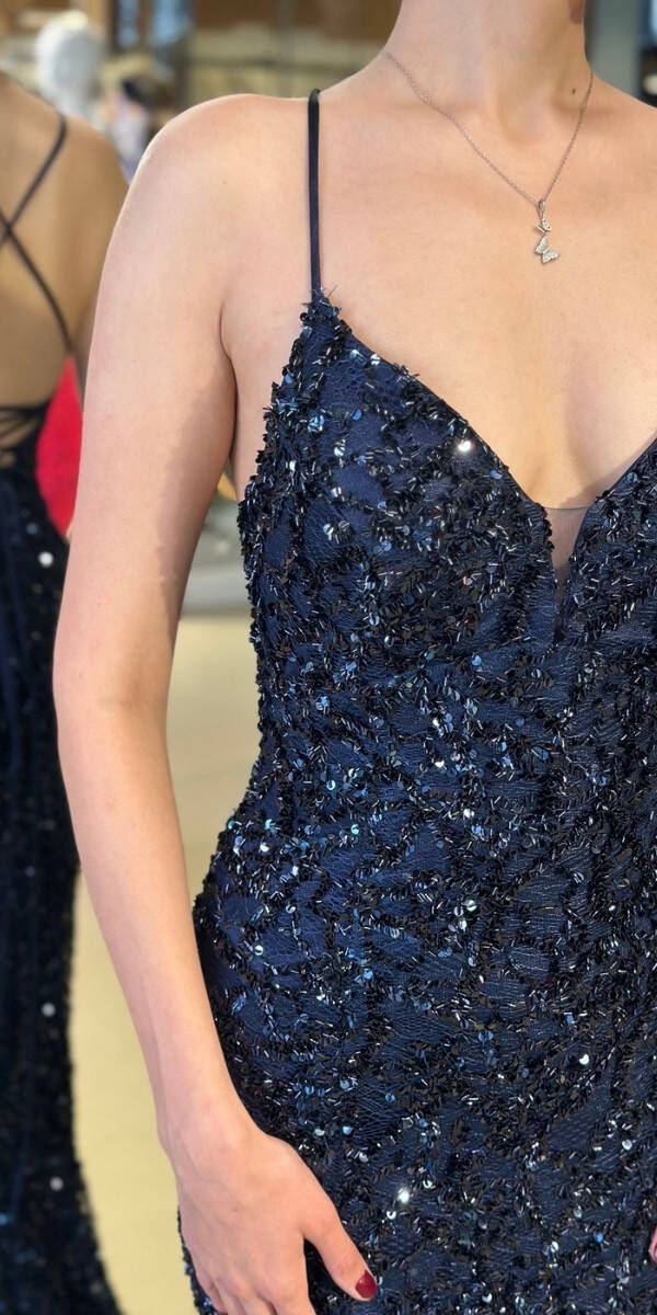 Gece Mavisi V Yaka İp Askılı Sırt Dekolteli Balık Etekli Pul Payet Uzun Abiye Elbise 11112-05 - 4