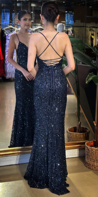 Gece Mavisi V Yaka İp Askılı Sırt Dekolteli Balık Etekli Pul Payet Uzun Abiye Elbise 11112-05 - 5