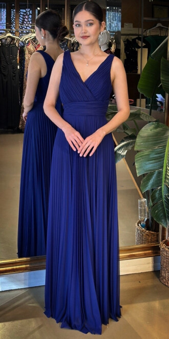 Gece Mavisi V Yaka Kalın Askı Kloş Etekli Şifon Uzun Abiye Elbise 11098-07 - abiyeniall