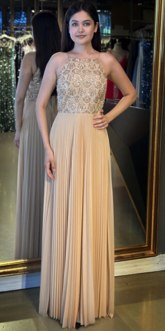 Gold İnce Askılı Sırt Dekolteli Kloş Etekli Tül Uzun Abiye Elbise 11049 - abiyeniall