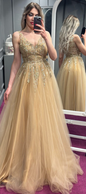 Gold Kalın Askı Kloş Etekli Tül Uzun Abiye Elbise 6871 - abiyeniall