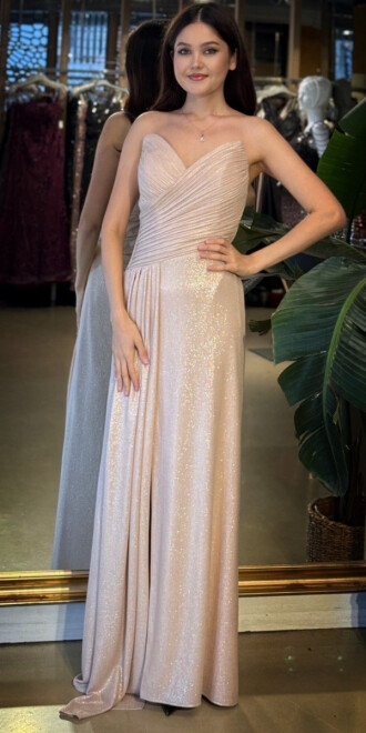 Gold Straplez Yaka Göğüs Dekolteli Düz Kesim Likralı Parlak Kumaş Uzun Abiye Elbise 11083-01 - abiyeniall