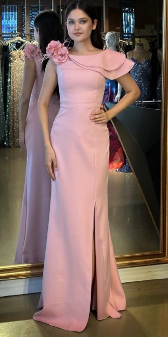 Gül Kurusu Çiçek Detaylı Yırtmaçlı Düz Kesim Krep Uzun Abiye Elbise 11027 - abiyeniall