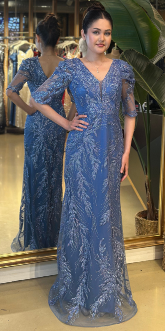 Indigo Dirsek Kol Uzun Abiye Elbise 3647 - abiyeniall