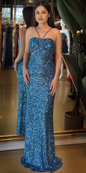 İndigo İp Askılı Düz Kesim Payet Uzun Abiye Elbise 7702 - abiyeniall