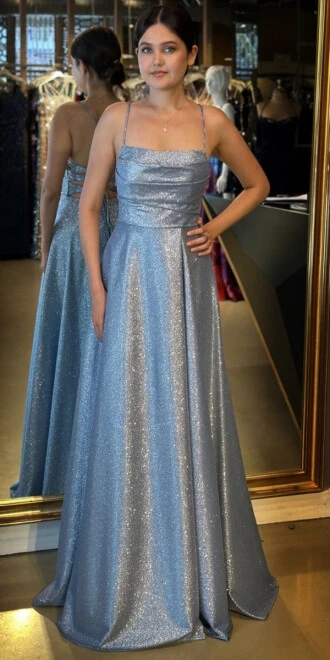 İndigo İp Askılı Kare Yaka Sırt Dekolteli Kloş Etekli Simli Uzun Abiye Elbise 7780 - abiyeniall