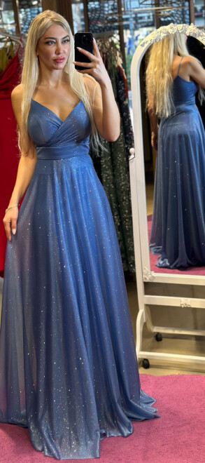 İndigo İp Askılı Kloş Etekli Simli Uzun Abiye Elbise 6877 - abiyeniall