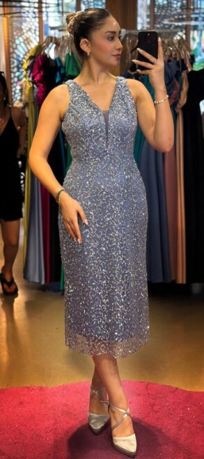 İndigo Kalın Askı Düz Kesim Simli Midi Abiye Elbise 7619 - abiyeniall