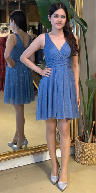 Indigo Kalın Askılı Simli Kısa Abiye Elbise 7336 - abiyeniall