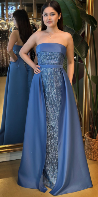 İndigo Straplez Yaka Çıkarılabilir Kuyruklu Düz Kesim Simli Uzun Abiye Elbise 7699 - abiyeniall