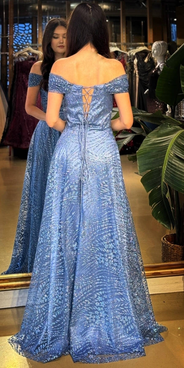 İndigo Madonna Yaka Sırt Dekolteli Kloş Etekli Simli Uzun Abiye Elbise 11066-03 - 5