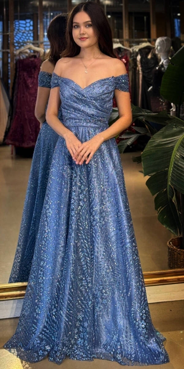 İndigo Madonna Yaka Sırt Dekolteli Kloş Etekli Simli Uzun Abiye Elbise 11066-03 - 1