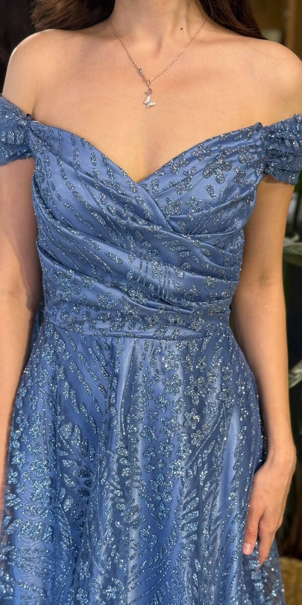 İndigo Madonna Yaka Sırt Dekolteli Kloş Etekli Simli Uzun Abiye Elbise 11066-03 - 4