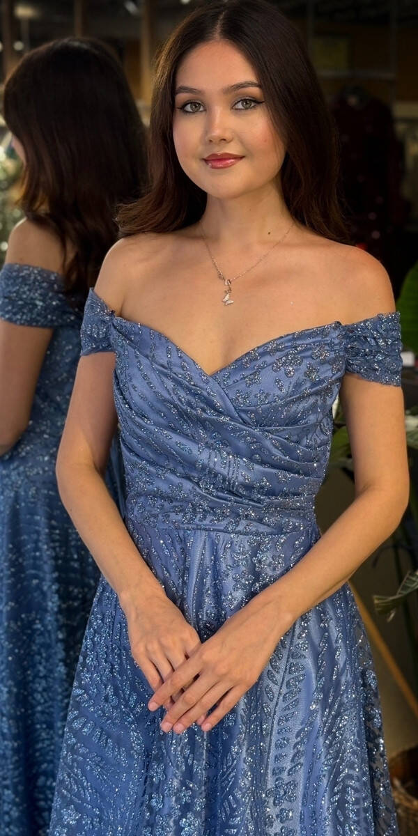 İndigo Madonna Yaka Sırt Dekolteli Kloş Etekli Simli Uzun Abiye Elbise 11066-03 - 3