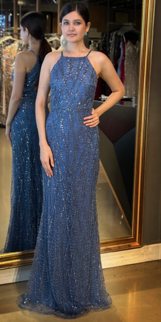 İndigo Stefanel Yaka Sırt Dekolteli Düz Kesim Pullu Boncuklu Uzun Abiye Elbise 7712 - abiyeniall