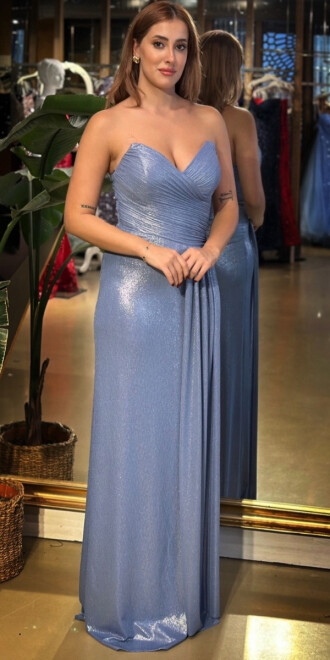 İndigo Straplez Yaka Göğüs Dekolteli Düz Kesim Likralı Uzun Abiye Elbise 11083 - abiyeniall