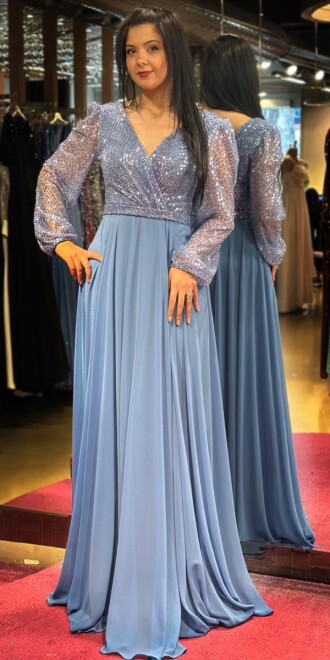 İndigo Uzun Kollu Kloş Etekli Şifon Uzun Abiye Elbise 7500 - abiyeniall