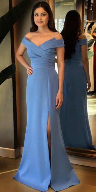 İndigo Yırtmaçlı Balık Etekli Krep Uzun Abiye Elbise 7507 - abiyeniall