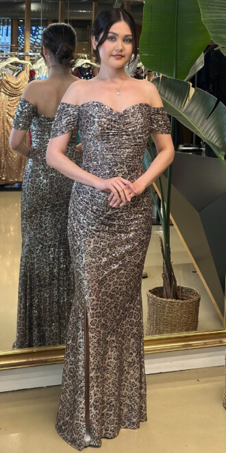 Kahverengi Düşük Kollu Uzun Abiye Elbise 5129 - abiyeniall