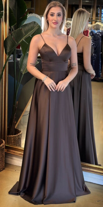 Kahverengi İp Askılı Sırt Dekolteli Anvelop Yırtmaçlı Kloş Etekli Saten Uzun Abiye Elbise 6777 - abiyeniall