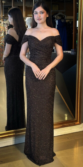 Kahverengi Madonna Yaka Düz Kesim Pullu Boncuklu Uzun Abiye Elbise 11023 - abiyeniall