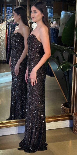 Kahverengi Straplez Yaka Sırt Dekolteli Yırtmaçlı Düz Kesim Payet Uzun Abiye Elbise 11093-05 - 2