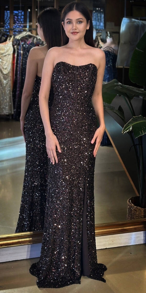 Kahverengi Straplez Yaka Sırt Dekolteli Yırtmaçlı Düz Kesim Payet Uzun Abiye Elbise 11093-05 - 1