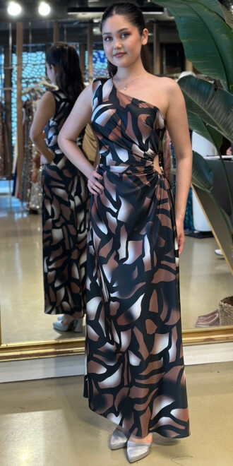 Kahverengi Tek Kollu Bel Dekolteli Midi Boy Abiye Elbise 95021 - abiyeniall