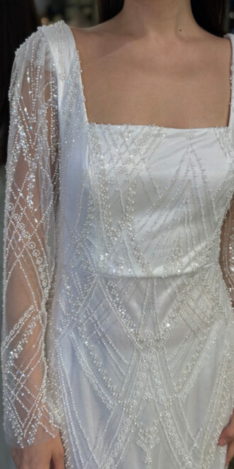 Kırık Beyaz Kare Yaka Uzun Kollu Kloş Etekli Pullu Boncuklu Uzun Abiye Elbise 11047-17 - 4