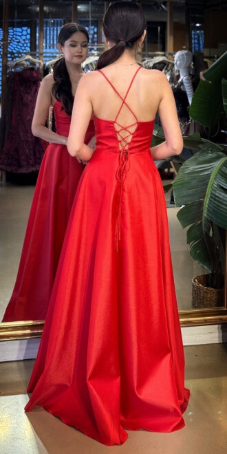 Kırmızı Degaje Yaka İp Askılı Sırt Dekolteli Kloş Etekli Saten Uzun Abiye Elbise 11104-03 - 5