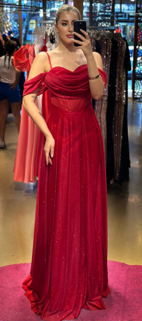 Kırmızı İnce Askılı Kloş Etekli Simli Uzun Abiye Elbise 7562 - abiyeniall