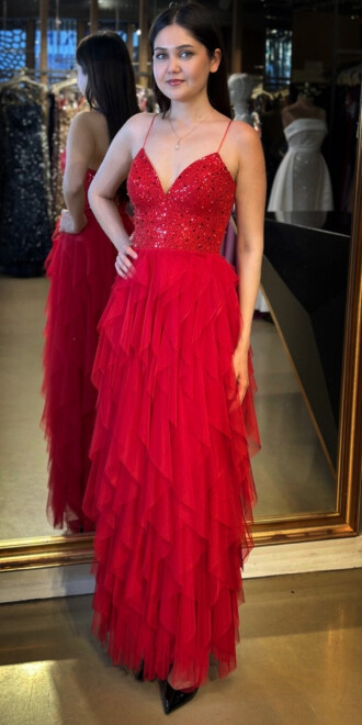 Kırmızı İp Askılı Boncuk İşlemeli Sırt Dekolteli Kloş Etekli Tül Uzun Abiye Elbise 7588 - abiyeniall