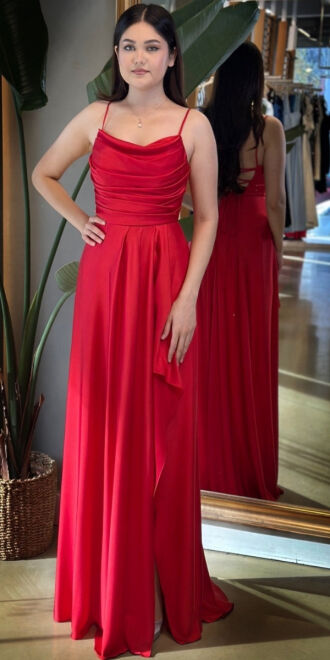 Kırmızı İp Askılı Yırtmaçlı Kloş Etekli Saten Uzun Abiye Elbise 7234 - abiyeniall