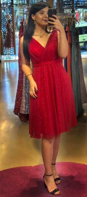 Kırmızı Kalın Askı Kloş Etekli Simli Kısa Abiye Elbise 7119 - abiyeniall