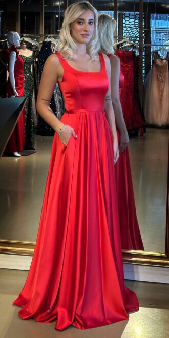 Kırmızı Kalın Askı V Yaka Sırt Dekolteli Kloş Etekli Saten Uzun Abiye Elbise 11091 - abiyeniall