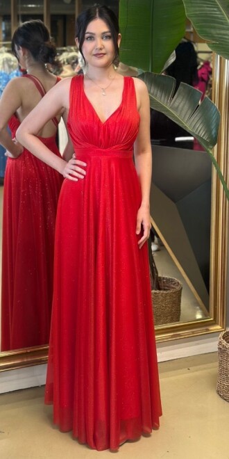 Kırmızı Kalın Askılı Sırt Detaylı Uzun Abiye Elbise 95016 - abiyeniall