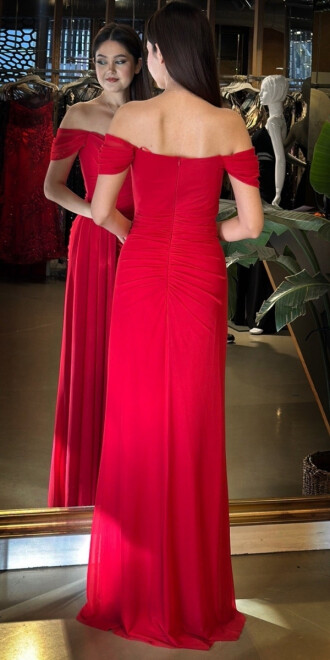 Kırmızı Madonna Yaka Düz Kesim Likralı Tül Uzun Abiye Elbise 11079-06 - 5