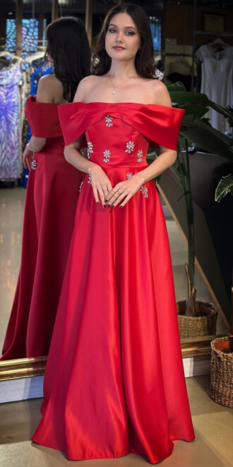 Kırmızı Madonna Yaka Taş Detaylı Kloş Etekli Saten Uzun Abiye Elbise 11063-07 - abiyeniall