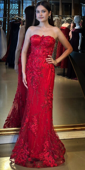 Kırmızı Straplez Yaka Bel Dekolteli Düz Kesim Brode Tül Uzun Abiye Elbise 11061 - abiyeniall