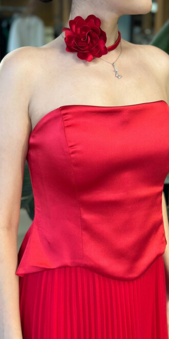 Kırmızı Straplez Yaka Çiçek Detaylı Kloş Etekli Tül Uzun Abiye Elbise 11153-03 - 4