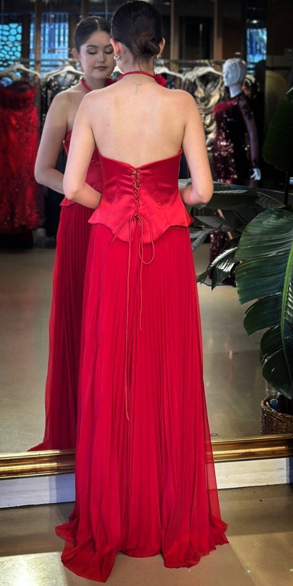 Kırmızı Straplez Yaka Çiçek Detaylı Kloş Etekli Tül Uzun Abiye Elbise 11153-03 - 5