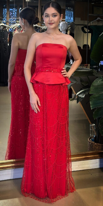 Kırmızı Straplez Yaka Kemerli Sırt Dekolteli Düz Kesim Pullu Boncuklu Uzun Abiye Elbise 11141-02 - abiyeniall