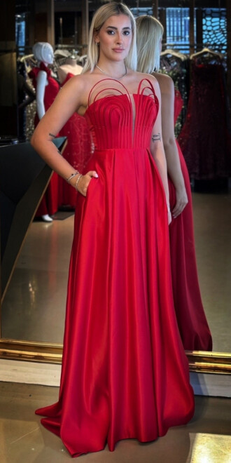 Kırmızı Straplez Yaka Sırt Dekolteli Kloş Etekli Saten Uzun Abiye Elbise 11088 - abiyeniall